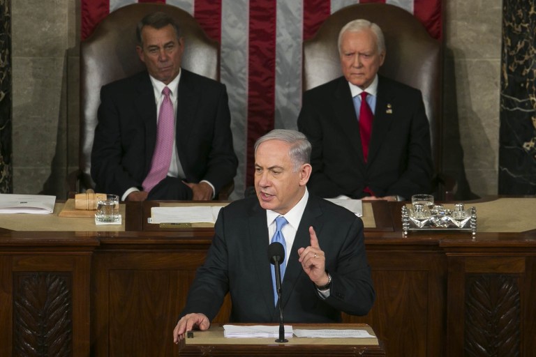 Israeli Prime Minister Benjamin Netanyahu speaks before a joint session of Congress on Capitol Hill, in Washington. (Graeme Jennings/Examiner)