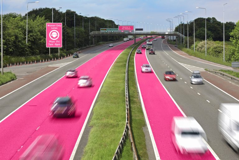 Perhaps the most sexist car insurance company I never heard of until today, Sheilas' Wheels in Britain, unveiled last week its ideal highway -- with bright pink-painted lanes just for the ladies. (Courtesy photo)