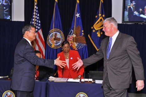 Secretary of Veterans Affairs Eric K. Shinseki, AFGE National VA Council President Alma Lee and AFGE National President John Gage at the signing of the new AFGE,VA master agreement. (AFGE Photo)