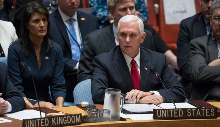 U.S. Ambassador to the United Nations Nikki Haley listens as Vice President Mike Pence at the U.N. Security Council meeting. Pence issued a strong defense of Israel, telling members of the body the UN Human Rights Council has become 