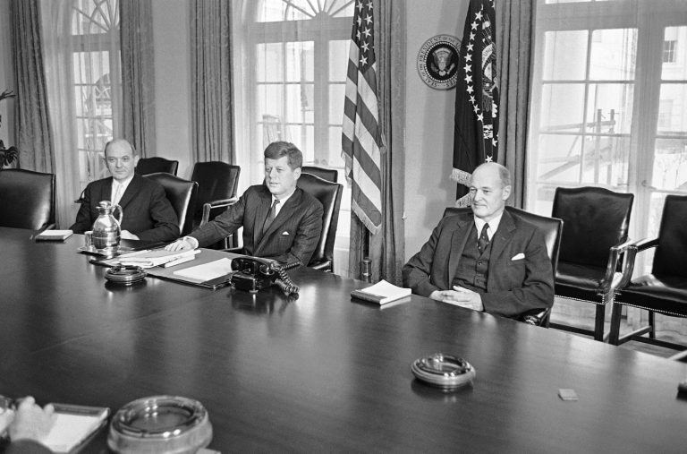 President John F. Kennedy presides at a White House conference of top diplomatic advisers, summoned to discuss strategy in relations with Russia, February 1961, in Washington. With George Keenan, right, ambassador designate to Yugoslavia and top expert on Russia and Chief Executive are Secretary of State Dean Rusk. (AP Photo/Harvey Georges)