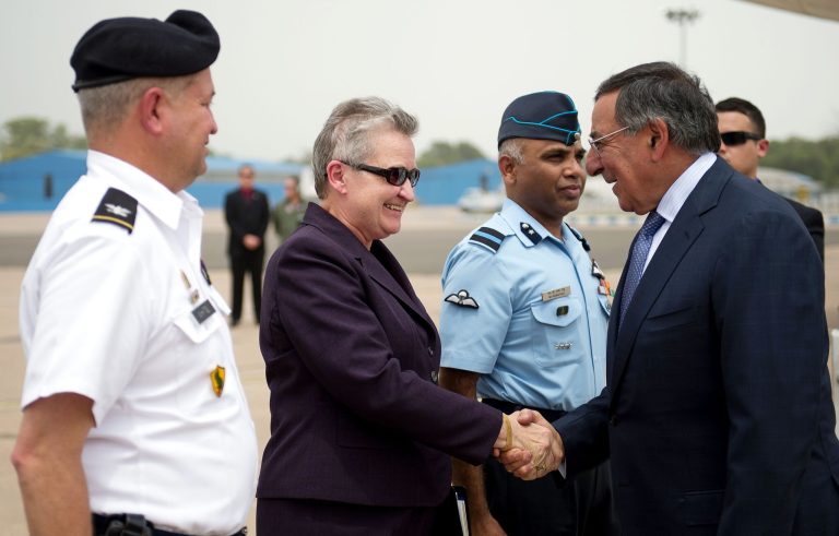   U.S. Secretary of Defense Leon Panetta, right, shakes hands with U.S. Ambassador to India Nancy Powell upon his arrival in New Delhi, India, Tuesday, June 5, 2012. (AP Photo/Jim Watson, Pool)  