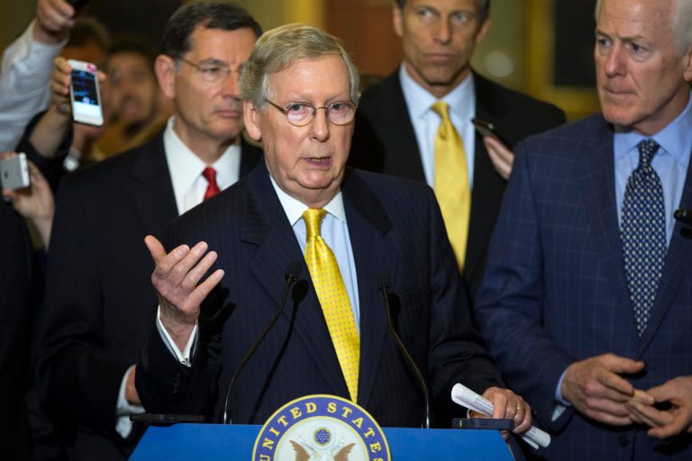 Senate Majority Leader Sen. Mitch McConnell of Ky., accompanied by, from left, Sen. John Barrasso, R-Wyo., Sen. John Thune, R-S.D., and Senate Majority Whip John Cornyn of Texas, speaks during a news conference on Capitol Hill in Washington, Tuesday, May 5, 2015, after a policy luncheon. (AP Photo/Evan Vucci)