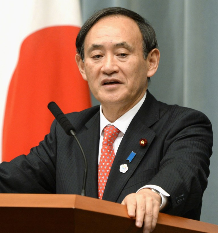 Japan's chief Cabinet spokesman Yoshihide Suga speaks about North Korea during a regular press conference at the Prime Minister's official residence in Tokyo Monday, April 8, 2013. On Monday, amid reports North Korea is preparing a missile launch or another nuclear test, Japanese officials said they have stepped up measures to ensure the nation's safety. 