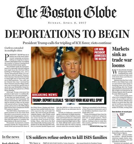 The Boston Globe on Sunday ran a satirical, anti-Trump version of its newspaper, an example of the mainstream media's assault on the candidate and his views. AP Photo