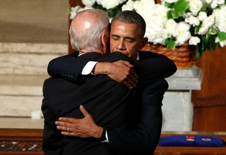 President Barack Obama hugs Vice President Joe Biden during funeral services for Biden's son, Beau Biden, Saturday, June 6, 2015, at St. Anthony of Padua Church in Wilmington, Del. (Yuri Gripas/Pool Photo via AP)