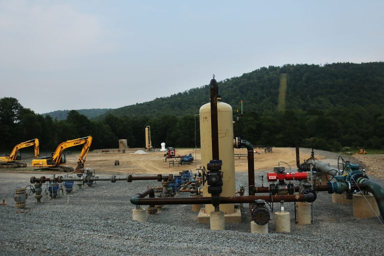 SOUTH MONTROSE, PA - JUNE 19: Equipment used for the extraction of natural gas is viewed at a hydraulic fracturing site on June 19, 2012 in South Montrose, Pennsylvania. Hydraulic fracturing, also known as fracking, stimulates gas production by injecting wells with high volumes of chemical-laced water in order to free-up pockets of natural gas below. The process is controversial with critics saying it could poison water supplies, while the natural-gas industry says it's been used safely for decades. The Marcellus Shale Gas Feld extends through parts of New York State, Pennsylvania, Ohio and West Virginia and could hold up to 500 trillion cubic feet of natural gas.  (Photo by Spencer Platt/Getty Images)