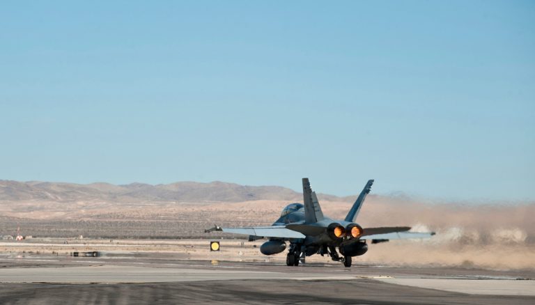 A U.S. Marine Corps F/A-18 Hornet assigned to Marine Fighter Attack Squadron 225, Marine Corps Air Station Miramar, Calif., takes off during Red Flag 15-1 at Nellis Air Force Base, Nev., Feb. 2, 2015. (Air Force Photo)