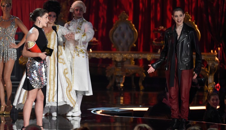 Emma Watson, left, thanks Asia Kate Dillon, an actor who identifies as 
