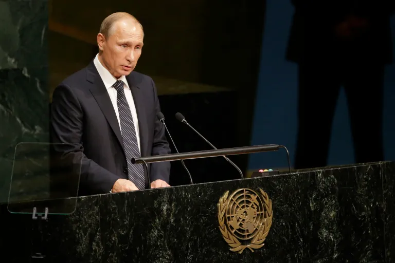 Russian President President Vladimir Putin addresses the 70th session of the United Nations General Assembly at U.N. headquarters, Monday. (AP Photo/Mary Altaffer)