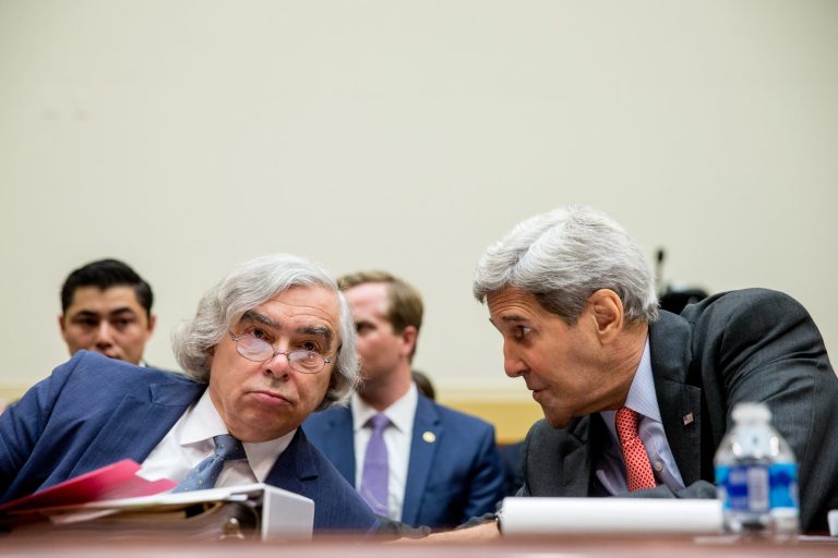 Energy Secretary Ernest Moniz, left, and Secretary of State John Kerry talk on Capitol Hill in Washington, July 28, 2015, prior to testifying before the House Foreign Affairs Committee hearing on the Iran Nuclear Agreement. (AP Photo/Andrew Harnik)