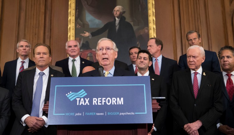 Republican lawmakers talk about their proposed rewrite of the tax code for individuals and corporations. President Trump and congressional Republicans are writing a far-reaching, $5-trillion plan they say would simplify the tax system and nearly double the standard deduction used by most Americans. (AP Photo/J. Scott Applewhite)