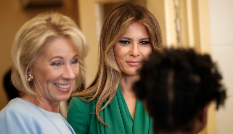 First lady Melania Trump and Education Secretary Betsy DeVos will stop by Orchard Lake Middle School in West Bloomfield, Mich., to mark the start of the 