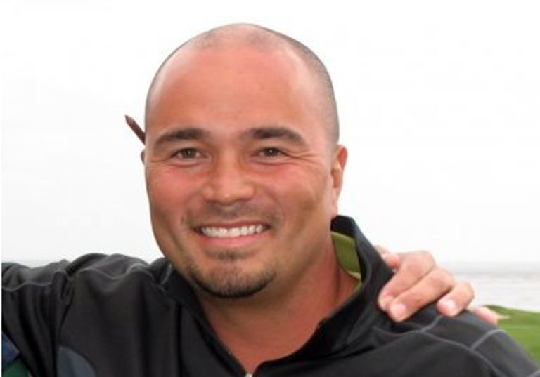 This undated photo provided by Golfmanna shows golfer Mark Mihal who fell into a sinkhole that opened up under him on the 14th hole of a golf course in Waterloo, Ill. Mihal was hoisted out safely with a rope after falling 18 feet into the 10-foot-wide pit and suffered a dislocated shoulder. (AP Photo/Courtesy Golfmanna)