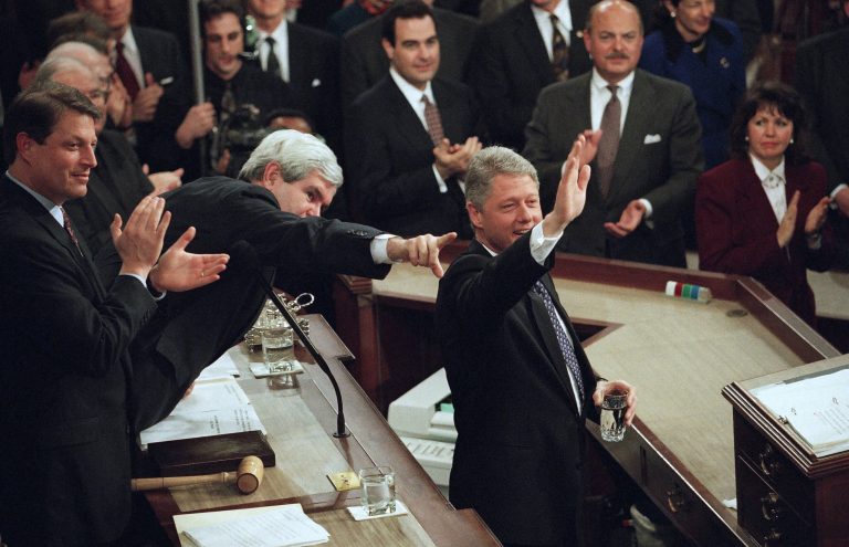 President Clinton acknowledges the crowd as he prepares to gives his second State of the Union address on the floor of the 104th Congress, on Capitol Hill in Washington Tuesday, Jan. 24. 1995. (AP Photo/Doug Mills)