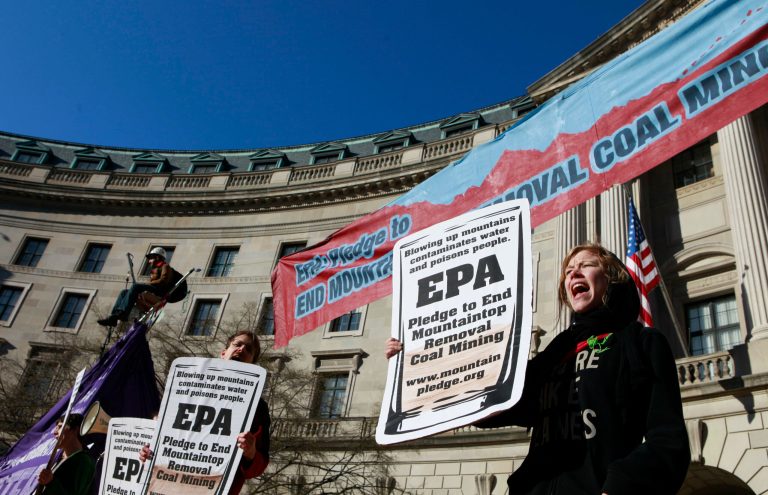 Anti-Mountaintop Removal Coal Mining protestors demonstrateÃÂ outside EPA headquarters in Washington in March 2010. (AP Photo/Pablo Martinez Monsivais)