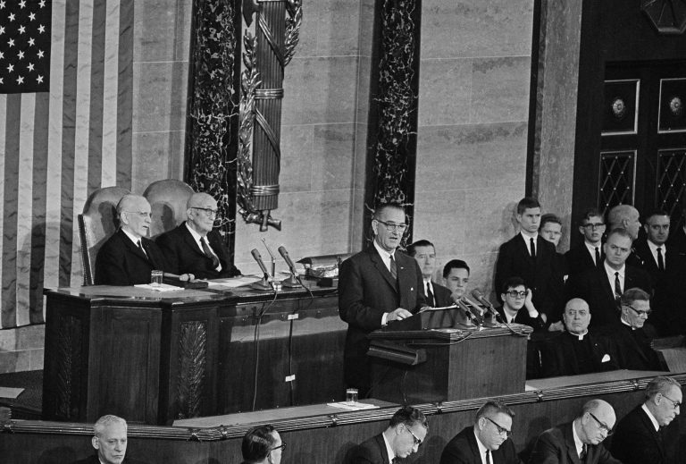 President Lyndon B. Johnson delivers his State of the Union address to a joint session of Congress, Jan. 8, 1964. Speaking in the House of Representatives, the chief executive said on eof his aims was 