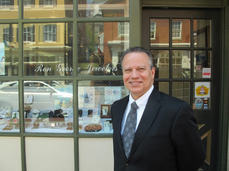 Delegate Ron George, who is running in the Maryland Republican primary for governor, stands in front of his jewelry store in Annapolis on Thursday, May 8, 2014. George is focusing his campaign largely on economic issues and cutting taxes. (AP Photo/Brian Witte)