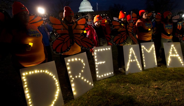 Demonstrators rally in support of Deferred Action for Childhood Arrivals (DACA) during a rally outside of the Capitol Sunday, Jan. 21, 2018, in Washington, on second day of the federal shutdown.
