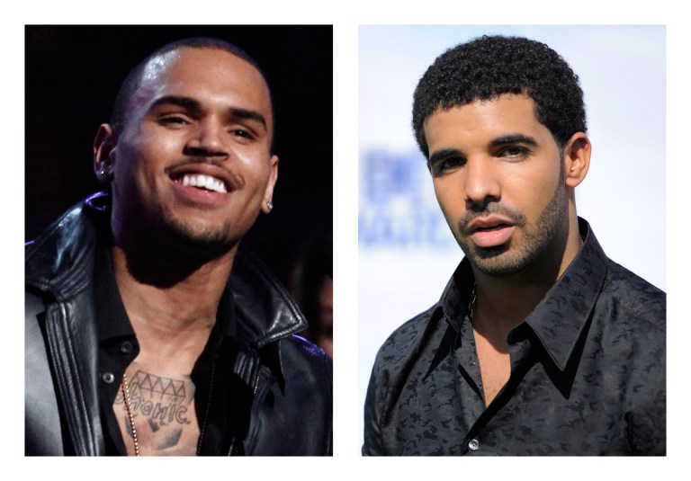   This combination of 2012 and 2011 file photos shows hip hop stars Chris Brown, left, and Drake. New York City police investigated a report Thursday, June 14, 2012 of a bar brawl involving hip-hop stars Drake and Chris Brown and their entourages in which bottles flew and five people were injured. (AP Photo/Matt Sayles, Chris Pizzello)  