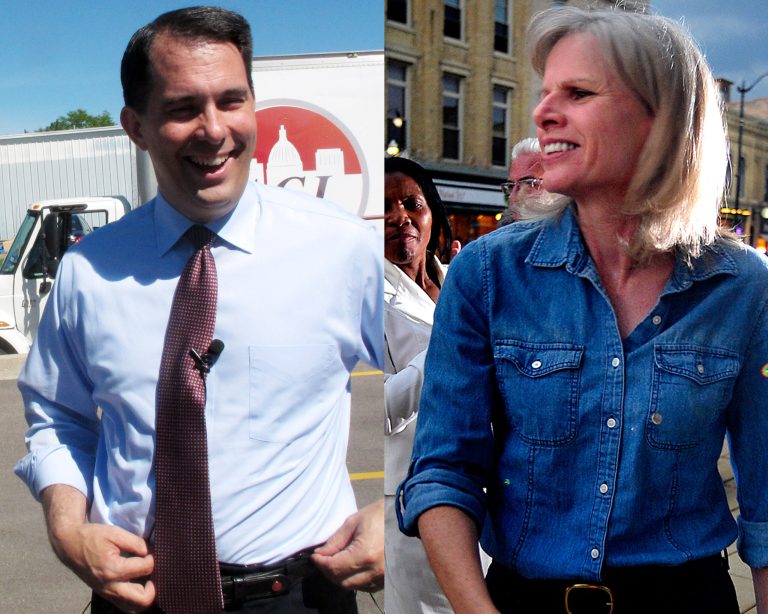 FILE - In this combination of 2014 file photos are Wisconsin Republican Gov. Scott Walker, left, and his Democratic challenger, Mary Burke, at campaign events in Wisconsin. (AP Photo/AP, Scott Bauer and The Journal Times, Scott Anderson)