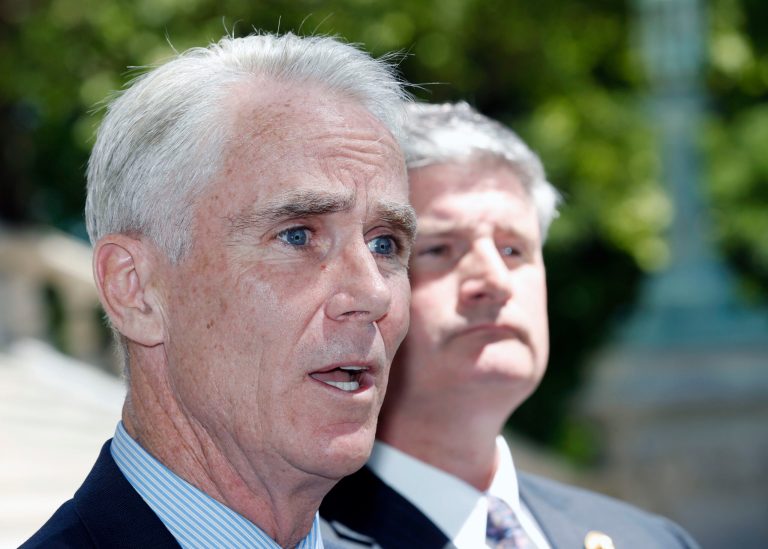 Republican candidate for attorney general John Cahill speaks during a news conference in front of the Capitol on Monday, June 16, 2014, in Albany, N.Y. The union representing New York state troopers is endorsing Cahill for attorney general, partly for his opposition to unsealing documents about troopers' actions during the 1971 Attica prison riot. Thomas Mungeer of the New York State Troopers PBA stands right. (AP Photo/Mike Groll)