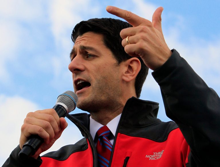 Republican vice presidential candidate, Rep. Paul Ryan, R-Wis. speaks at a campaign rally, Monday, Oct. 15, 2012,  at Lunken Airport in Cincinnati. (AP Photo/Al Behrman)
