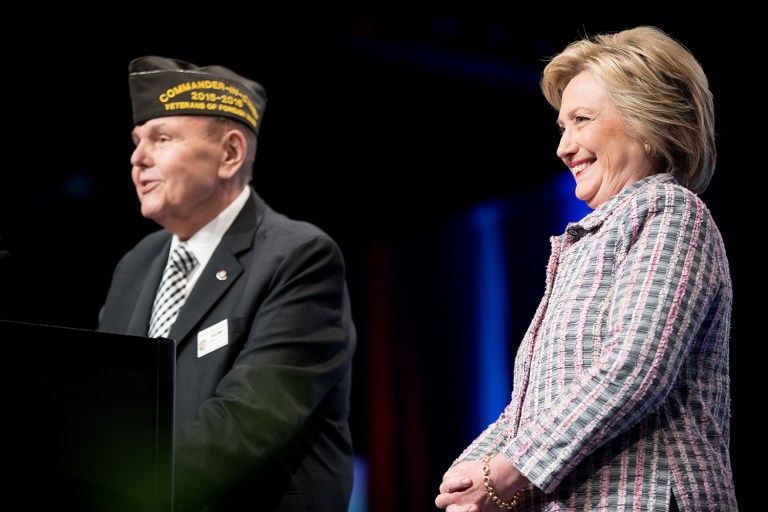 Democratic presidential candidate Hillary Clinton rolled out the endorsement of 95 retired generals and admirals on Wednesday. (AP Photo/Andrew Harnik)