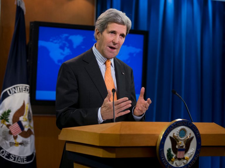 Secretary of State John Kerry talks about Syria, Thursday, Jan. 16, 2014, at the State Department in Washington.   (AP Photo/Manuel Balce Ceneta)