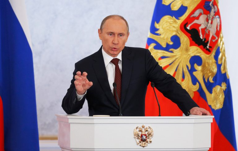 Russian President Vladimir Putin speaks during a state-of-the nation address in Moscow, Russia, Wednesday, Dec. 12, 2012. Putin delivered his first state-of-the nation address since winning a third term in March's election despite a wave of massive protests in Moscow. Putin has taken a tough course on dissent since his inauguration, with opposition activists arrested and introduction of laws that impose heavy fines on protesters.Putin said Wednesday that the government would focus on developing high-tech industries to make sure that Russia succeeds in global competition.