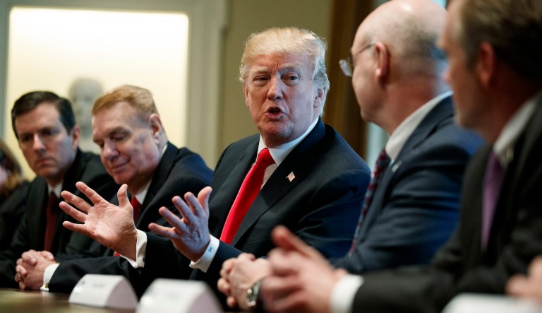President Trump speaks during a meeting with steel and aluminum executives in the White House. Trump announced that the U.S. would be setting a 25 percent tariff on imported steel and a 10 percent tariff on imported aluminum. (AP Photo/Evan Vucci)