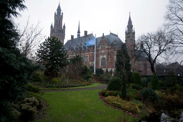 FILE - The World Court or International Court of Justice in the Hague, Netherlands ,in this Monday Dec. 3, 2012 file photo. The court will rule Monday Jan. 27 2014 on a dispute between Peru and Chile that centers on thousands of square kilometers of ocean and lucrative fishing grounds but has turned into an issue of national pride for the Latin American neighbors.   (AP Photo/Peter Dejong, File)