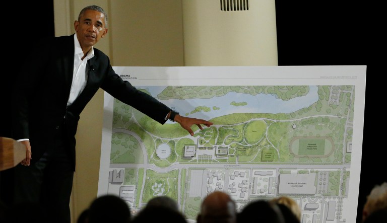 Just as a group of Chicago alderman started to praise the Obama Foundation for hiring five minority-owned construction companies to oversee 51 percent of the 20-acre project, a fiery group of people started chanting 