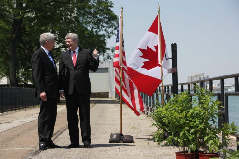   Prime Minister Stephen Harper and Michigan Gov. Rick Snyder speak in Windsor, Ontario, Canada on Friday, June 15, 2012, ahead of an announcement for a new $1-billion bridge connecting the city with Detroit. (AP Photo/The Canadian Press, Colin Perkel)  