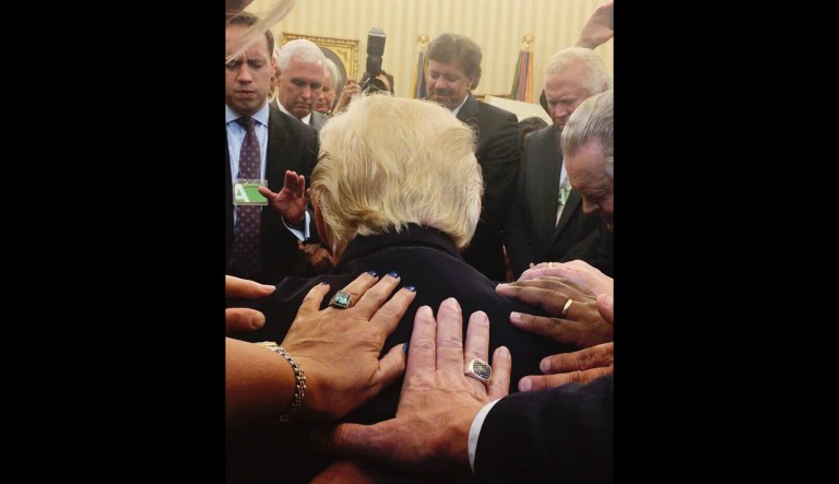 Evangelical leaders gathered in the Oval Office to pray for President Trump. (Photo via Johnnie Moore/Twitter)