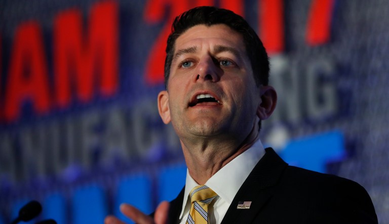 Ryan conspicuously skirted the issue of border adjustment in a heavily promoted speech at the National Association of Manufacturers. (AP Photo/Carolyn Kaster)