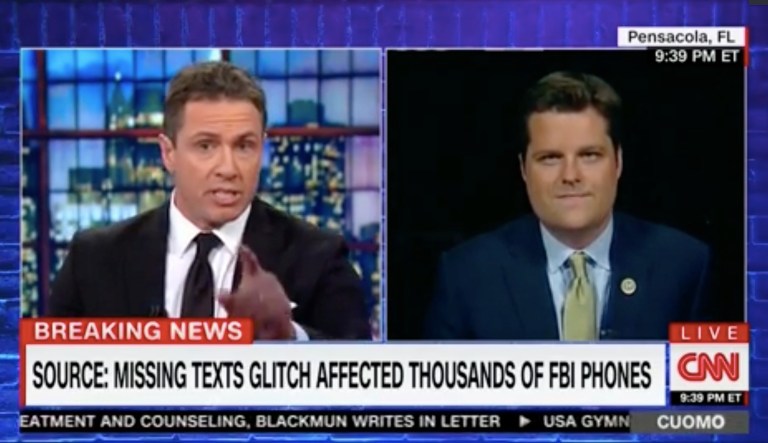 Rep. Matt Gaetz, R-Fla., sparred with CNN host Chris Cuomo on Wednesday had a conversation on missing FBI officials' text messages derailed by a debate on Bible history. (screenshot)