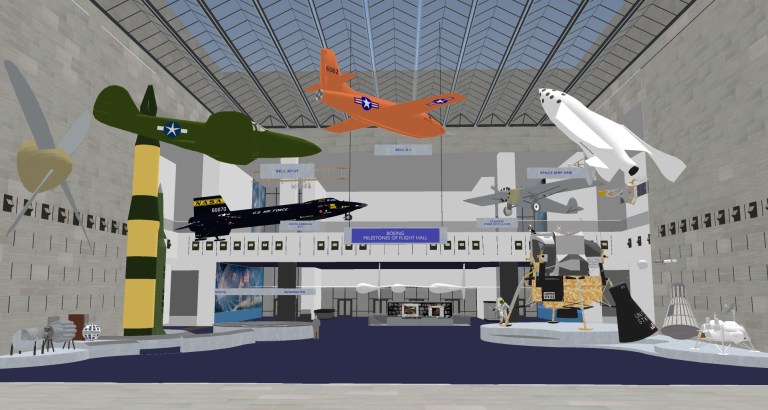 This undated artist rendering provided by the National Air and Space Museum, Smithsonian Institution shows changes to Milestones of Flight Hall at the National Air and Space Museum in Washington.  For the first time since its 1976 opening, the Smithsonian's National Air and Space Museum plans to overhaul its central exhibition showing the milestones of flight. The extensive renovation announced Thursday will be carried out over the next two years with portions of the exhibit closing temporarily over time, said Museum Director J.R. 