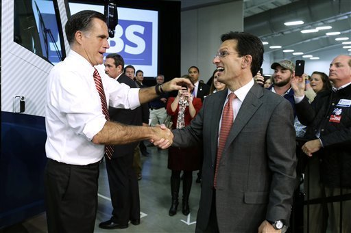House Majority Leader Eric Cantor, shown with 2012 GOP presidential nominee Mitt Romney, would use money from the presidential election fund to research autism. (AP Photo/Charles Dharapak)