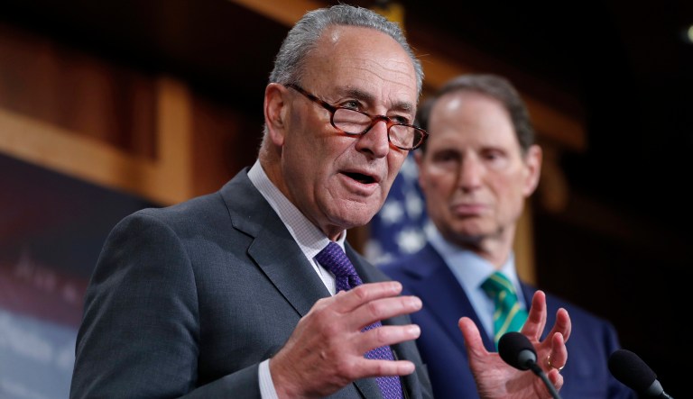 Senate Minority Leader Chuck Schumer of N.Y., and Sen. Ron Wyden, D-Ore., discuss the Republican tax plan on Capitol Hill. (AP Photo/Pablo Martinez Monsivais)