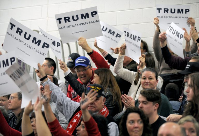 Supporters attend Republican Presidential candidate Donald Trump's rally at Pennichuck Middle School in Nashua, NH. Trump has seen his lead in the polls slip in Iowa but still remains in the lead in New Hampshire for the Republican nomination. (Sipa via AP)