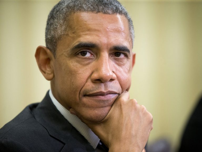 President Barack Obama listens during his meeting with Tunisian President Beji Caid Essebsi in the Oval Office of the White House in Washington, Thursday, May 21, 2015. (AP Photo/Pablo Martinez Monsivais)