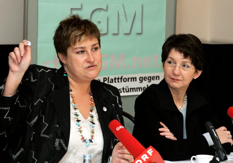 Legislator and spokesperson of the group stopFGM (female genital mutilation) Petra Bayer, left, speaks at a conference in Vienna in February 2007. (AP Photo / Lilli Strauss)