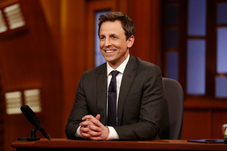 This Feb. 24, 2014 image released by NBC shows host Seth Meyers during the premiere of his new late night talk show, 