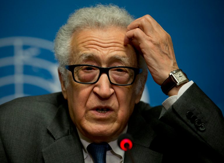 FILE - This is a Saturday, Jan. 25, 2014.  file photo of U.N. mediator Lakhdar Brahimi gestures during a press briefing at the United Nations headquarters in Geneva, Switzerland,  The U.N. mediator trying to broker peace after three years of civil war in Syria says 