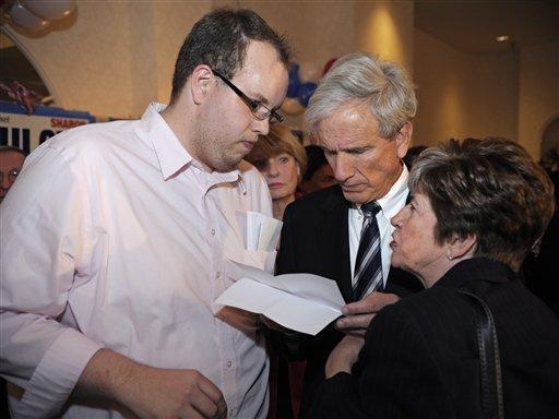 Dick Saslaw, Dem. leader of the Virginia Senate, center, looks over his talking points with Will Hailer, Dem/ Committee staffer, left, and state senator Mary Margaret Whipple, Dem. Caucus Chair, Virginia Senate, at a Democrat election results party in Fairfax, Va., on Tuesday, Nov. 8, 2011. Virginia voters went to the polls Tuesday to decide whether to continue with a partisan divide in the state legislature or give Republicans absolute power with a new Senate majority. (AP Photo/Cliff Owen)