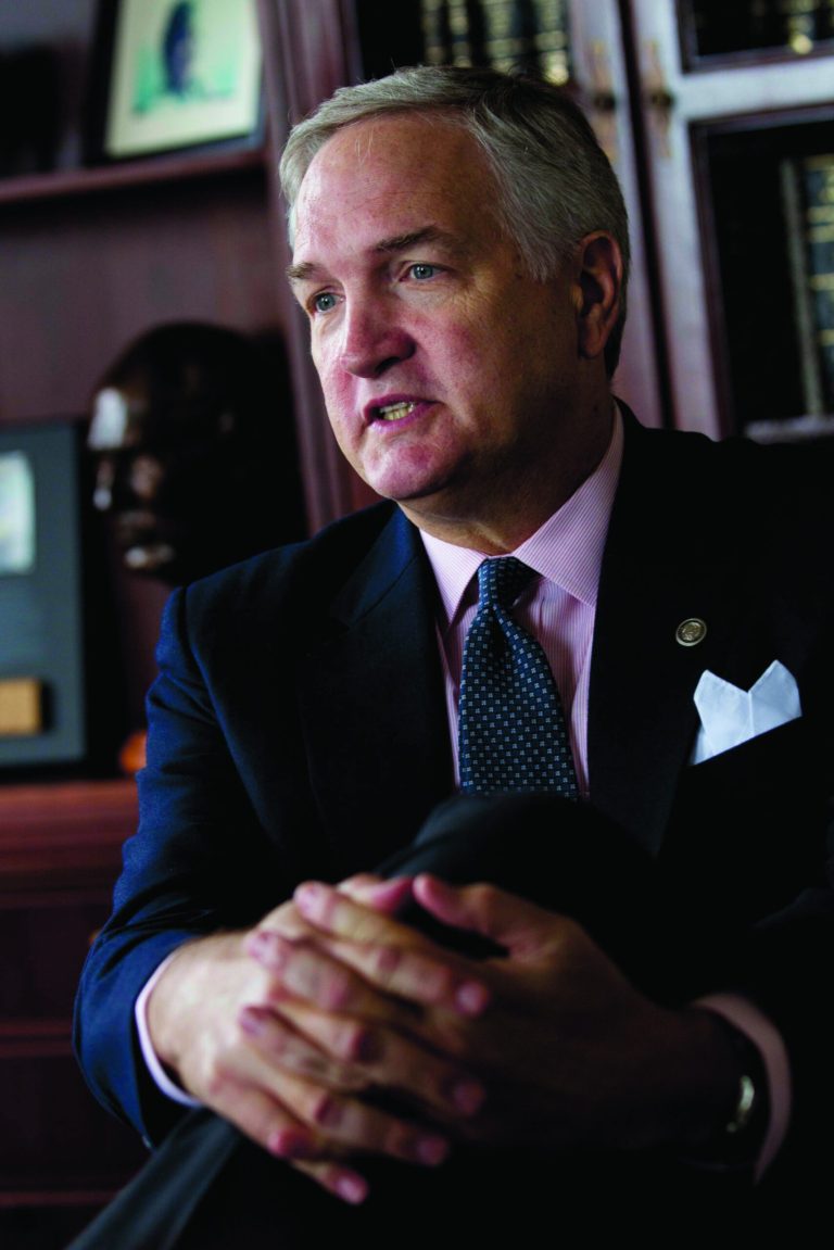 File- In the April 18, 2012 file photo, Alabama Attorney General Luther Strange talks with reporters in Montgomery, Ala. While Louisiana's attorney general spent $24 million building the state's legal case against BP. of that $15.4 million was paid to outside lawyers. Strange opted to let lawyers on his staff take on the work. So far the tab is well under $200,000. (AP Photo/Dave Martin, File)