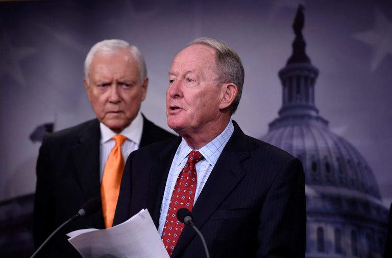 Sen. Lamar Alexander, R-Tenn., right, accompanied by Sen. Orrin Hatch, R-Utah, speaks during a news conference on Capitol Hill in Washington, Monday, July 27, 2015, where they discussed the Employee Rights Act. (AP Photo/Susan Walsh)