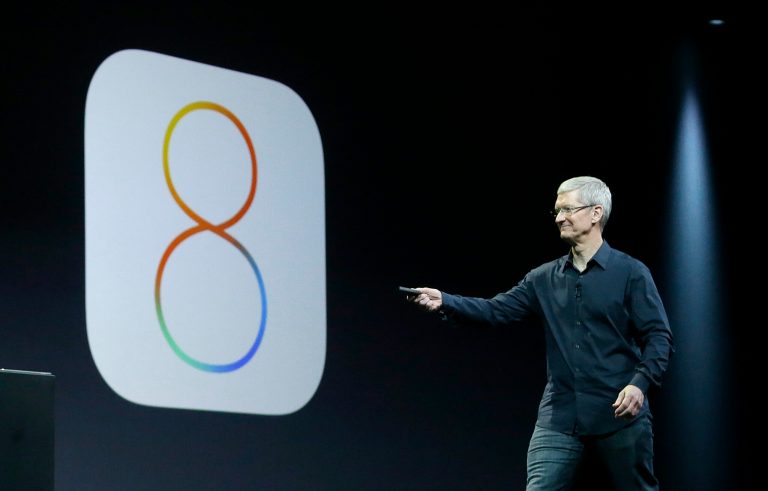 FILE - In this June 2, 2014 photo, Apple CEO Tim Cook speaks about iOS 8 at the Apple Worldwide Developers Conference in San Francisco. Apple has stopped providing an update to its new iOS 8 mobile operating software, following complaints by some users who said Wednesday, Sept. 24, 2014, that the update interferes with their ability to make phone calls. (AP Photo/Jeff Chiu, File)