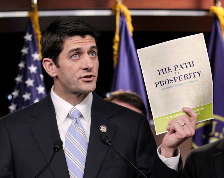   FILE - In this April 5, 2011 file photo, House Budget Committee Chairman Paul Ryan, R-Wis., touts his 2012 federal budget during a news conference on Capitol Hill in Washington. Ryan is getting his groove back. A month after the GOP's presidential ticket lost an election, the party's vice presidential nominee finds himself comfortably back in his political wheelhouse on Capitol Hill and in the thick of a debate over how to avert automatic tax increases and spending cuts that many economists fear could cripple the economy if Congress doesn't head them off by Jan. 1. (AP Photo/J. Scott Applewhite, File)  